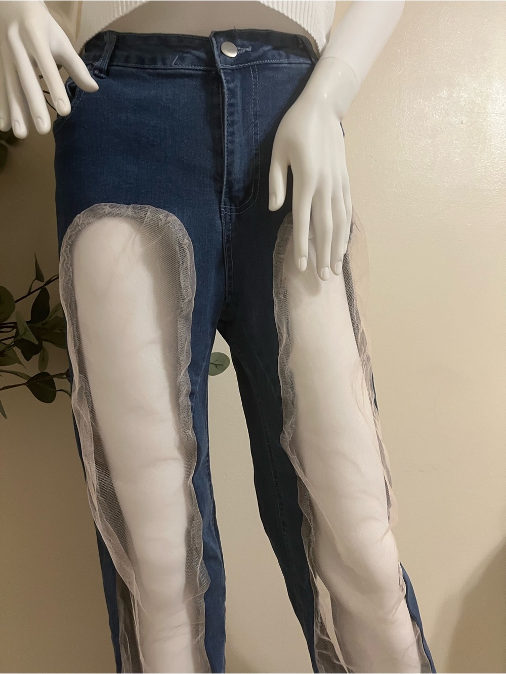 Women’s Dark Blue Denim Jeans with White Sheer Panel Detail